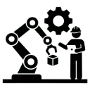 Robot arm and engineer with gear icon.